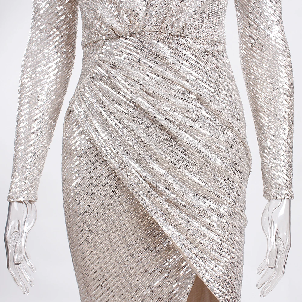 Холтер Глубокий V шеи серебряный Sequind Макси-Платье с разрезом ноги Плиссированные Длинные рукава стрейч вечернее платье