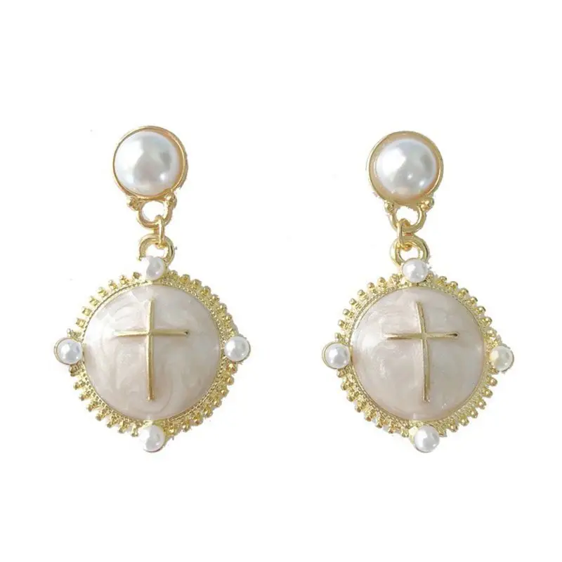 

1 Pair Pearl Drop Earrings Dangle Cross 925 Sterling Silver Stud Women Earring Jewelry Gift