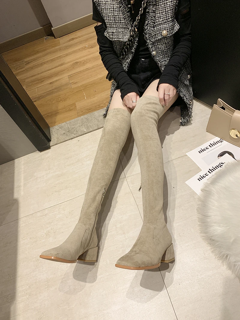Женские сапоги выше колена на среднем каблуке 5 см высокие сапоги до бедра женская зимняя теплая узкая обувь 2 стиля, черный и бежевый цвета
