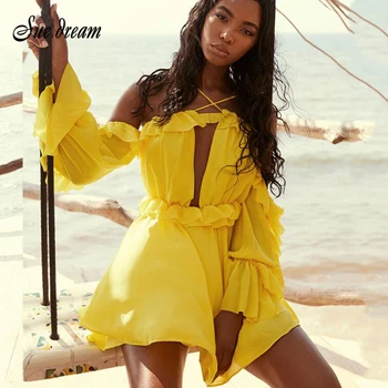 

2019 New Summer Women Dress Halter Neck Ruffles A-Line Dress Sexy Elegant Celebrity Party Yellow Pink Dresses Vestidos