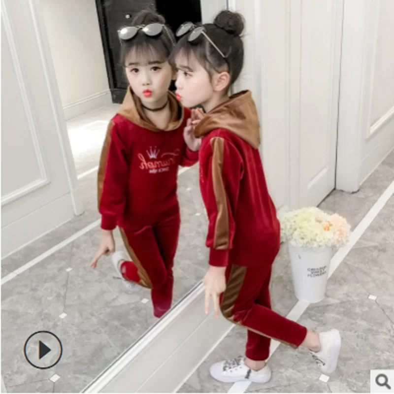 Girls Pleuche Clothing Set Winter/Autumn New Kids Keep Warm 2 Piece Children's Cute Sets 2 Patchwork Colors Size4-14 ly392 - Цвет: Красный