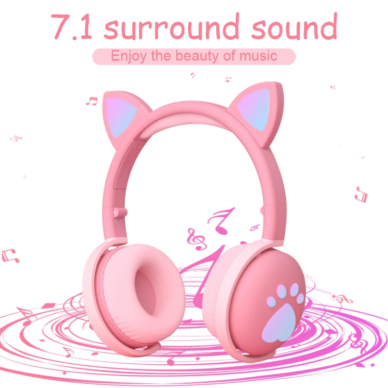 Cute Cat Headphones For Children Kids Wireless LED Light Cat Ear Blue-tooth Compatible Cat Paws Headset With Mic For Girl GIfts