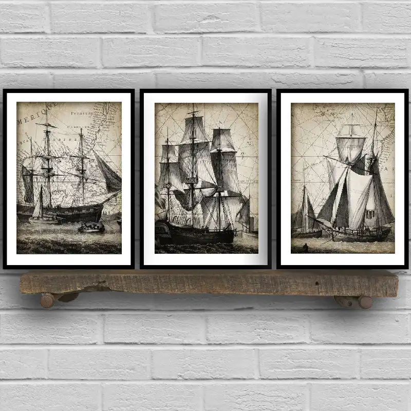 Vintage Sailing Ship Triptych Posters And Prints Bathroom Wall Art Decor Navy Ship Nautical Art Canvas Painting Decoration Painting Calligraphy Aliexpress