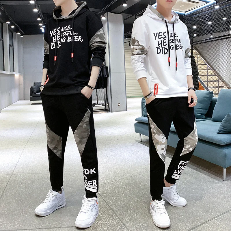

Autumn Men Casual Splicing Contrast Sets Camo Tops+Pants 2Pc Tracksuit Sportwear Hoodies Sweatshirt Pant Suit Trainingspak Heren