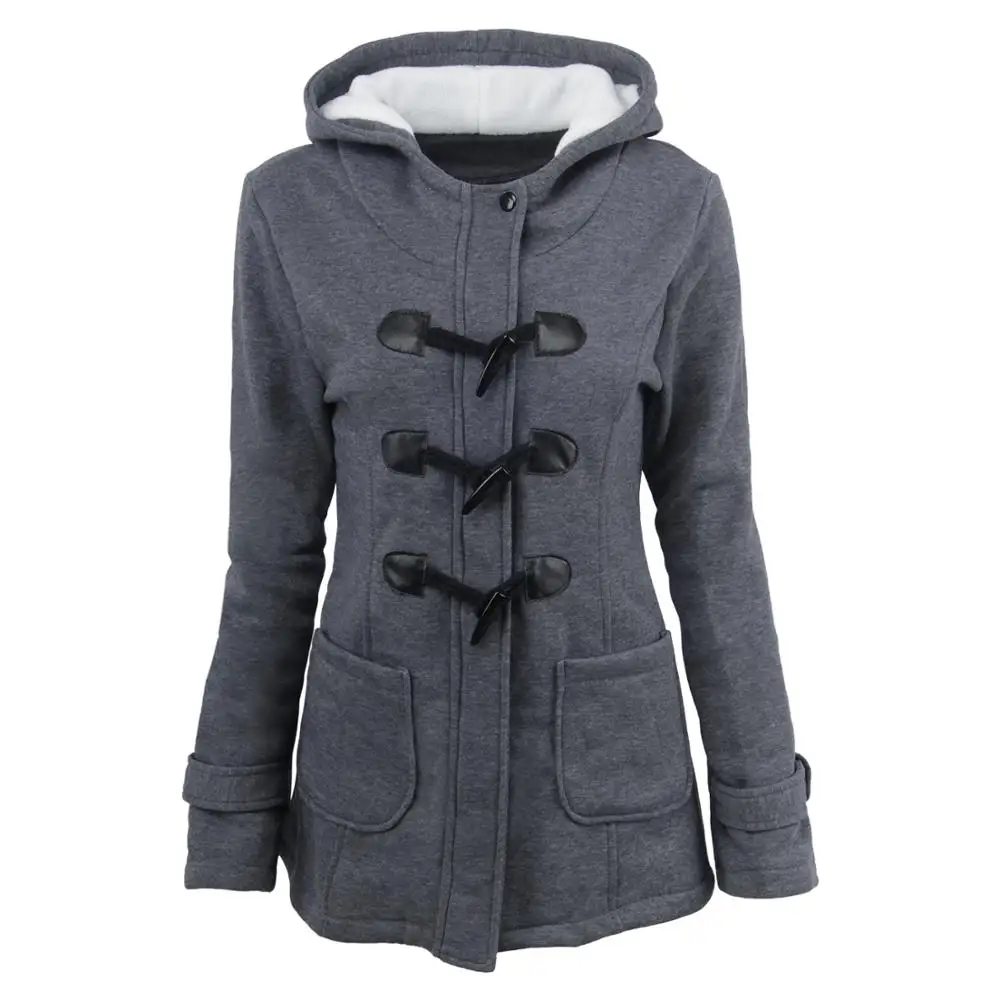 Dark gray Европейская и американская женская осенняя и зимняя новая куртка с роговыми пряжками, Женская Толстая длинная куртка с капюшоном, пальто из хлопка - Цвет: Dark gray