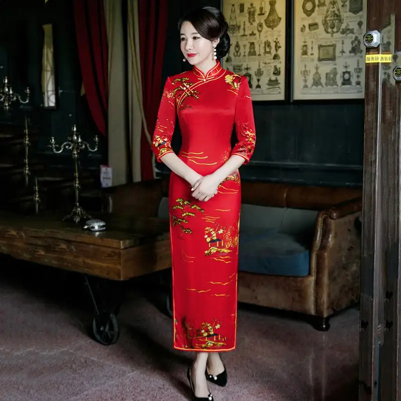 Красное женское длинное платье Cheongsam в винтажном китайском стиле с воротником-стойкой, весеннее приталенное платье Qipao для вечеринок, Vestido M-5XL - Цвет: Красный