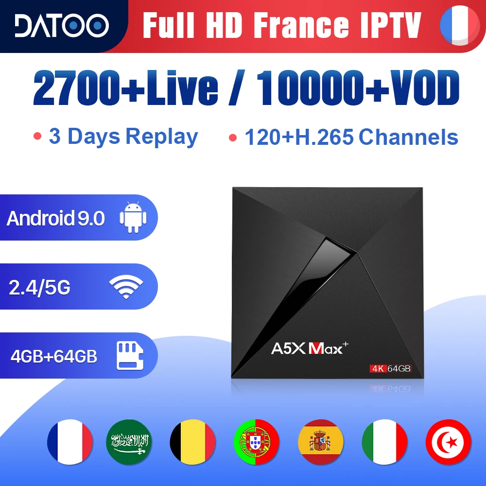 

Full HD IPTV France Box Arabic Qatar Italia IPTV Subscription A5X Max Android 9.0 Samrt TV Box 4G 64G IPTV Spain Portugal IP TV