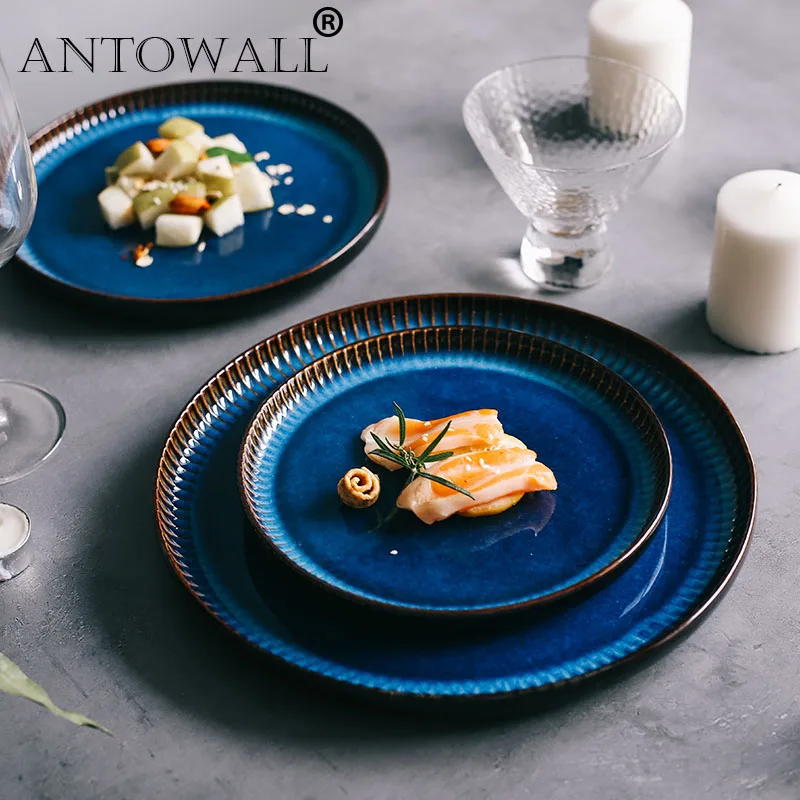 ANTOWALL Creative Nordic ceramic plate blue stripe flat plate household ceramic western pasta steak