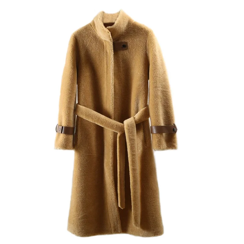 

2019 Female Large grain sheep shearing composite fur Parka New Winter Women Real Fur Coat Solid Color 100% Wool Jackets