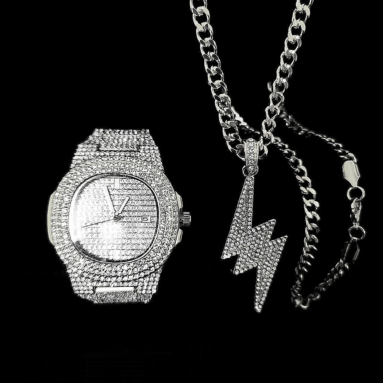 2pcs Iced Out Watch Necklace for Men Luxury Diamond Watch Men Bling Jewelry Set Mens Gold Watch Quartz Dropshipping Reloj Hombre