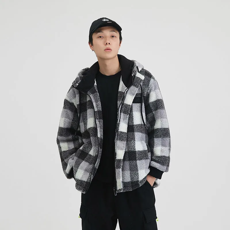 

2019 Autumn And Winter Men's New Casual Trend Pocket Decoration Contrast Color Lattice Hooded Jacket Youth Temperament Cotton