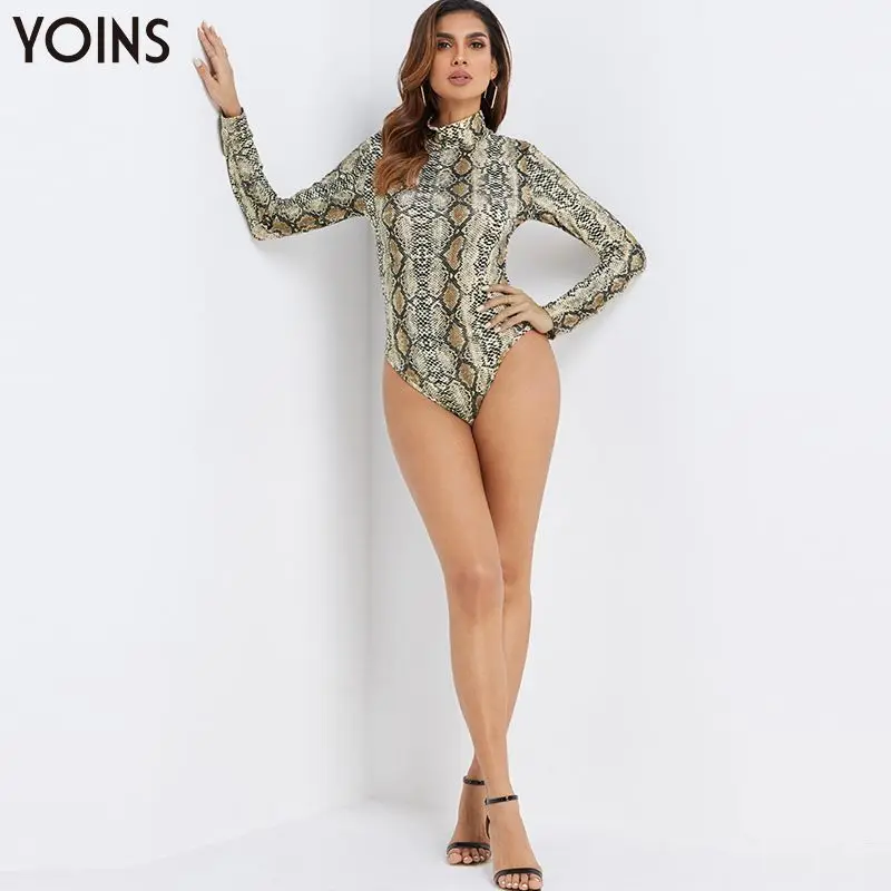 YOINS, женское винтажное боди с животным принтом, с высоким воротом, с длинным рукавом, осень зима стильная одежда для подвижных игр, повседневный Модный женский топ
