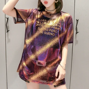 

2020 Summer Sexy Transparent Two Pieces Shiny T-shirt Women Vest Letters Tops Korean Clothes Bright Shirt Ropa Mujer Tees T01005