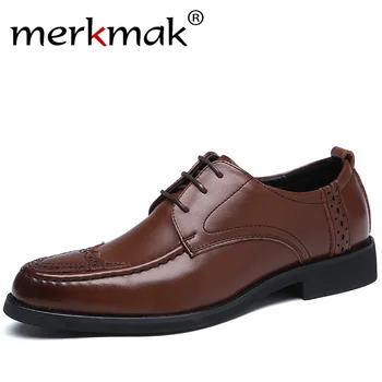 

Merkmak 2019 New Autumn Men Dress Shoes Genuine Leather Business Lace-up Formal Shoes Big Size Male Party Wedding Footwear