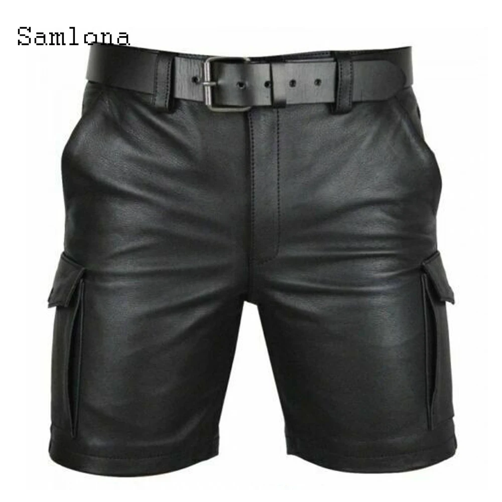 Samlona-pantalones cortos de cuero sintético para hombre, Shorts sexys de piel sintética, ajustados, de talla grande 5xl, estilo Punk, con cremallera, corto para baile, novedad de verano