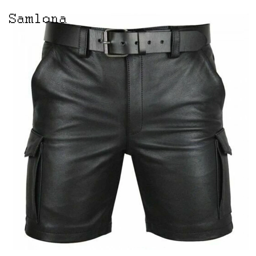 Samlona Men PU Leather Shorts Summer New Sexy Faux Leather Skinny Shorts Plus size 5xl Male Punk Style Zipper Dance Short Pants