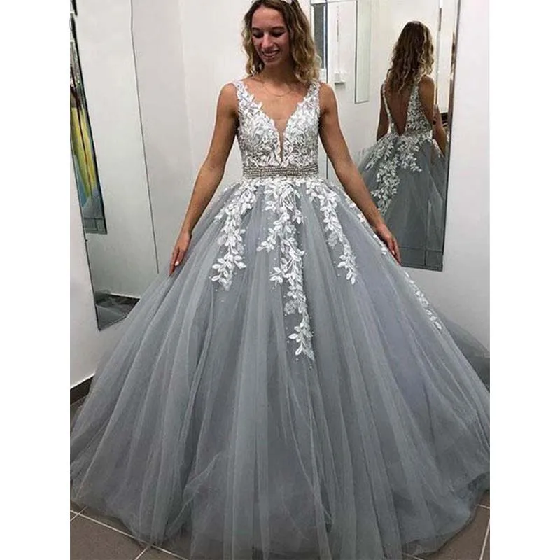 Vestidos Largos De Fiesta вечернее платье для выпускного вечера с v-образным вырезом размера плюс белое кружевное серебряное Тюлевое вечернее платье трапециевидной формы Vestido De Gala