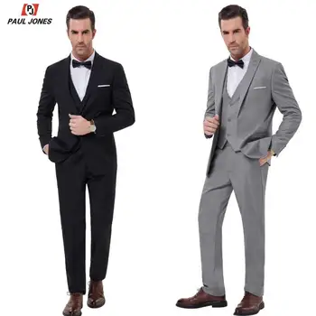 

PAUL JONES Men Slim Fit 3 Pieces Tuxedo Dress Suits For Wedding Party Stylish One Button Blazer Suit Jacket Coat+Vest+Pants Suit