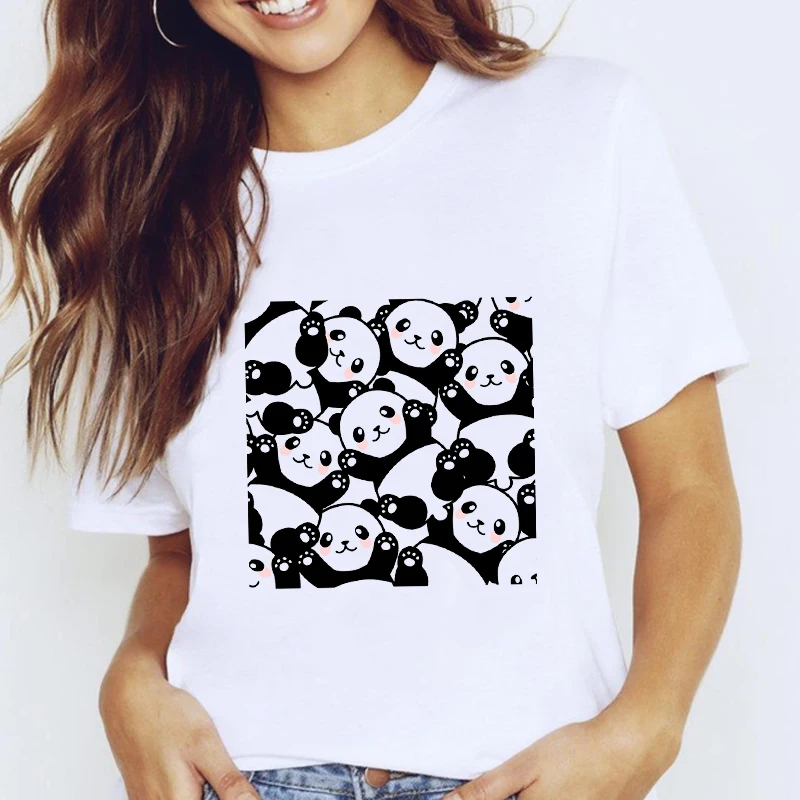 Women Lovely Cartoon Panda Girl Love Casual Trend Short Sleeve Lady Clothes Tops Clothing Tees Print Sweet Tshirt T-Shirt graphic tees Tees