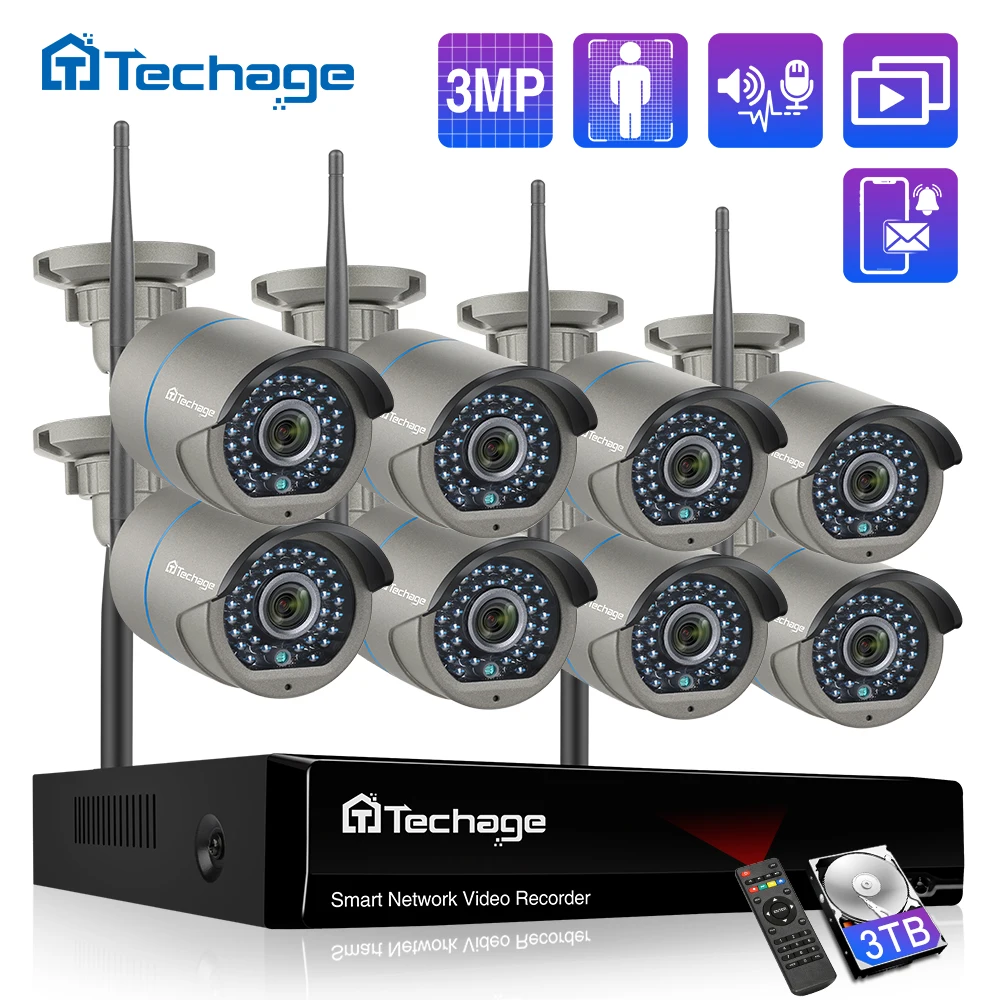 Techage 3MP 8CH Security CCTV WIFI System Set Human Detected Two Way Audio Record Outdoor Surveillance Wireless IP Camera Kit