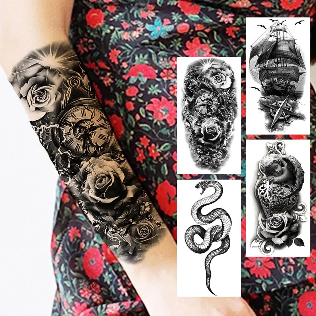 

Временные татуировки для женщин и мужчин, наклейка на предплечье с черными пионами, цветами, компасом, Реалистичная змея, пиратским кораблем, ангелом, искусственная татуировка