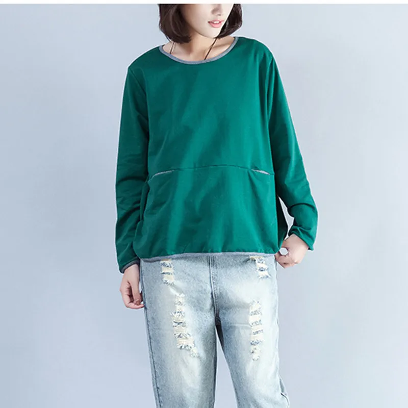 

Johnature Autumn Winter New Solid Color O-neck Pullover Loose Women Hoodies Tops 2019 4 Colors Patchwork Casual Sweatshirts