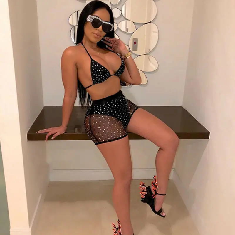 

New Sexy Mesh Sheer Fishnet Ladies 2PCS Bikini Sets Women's Bandage Sequins Bra Mesh High Waist Bathing Suits Beachwear