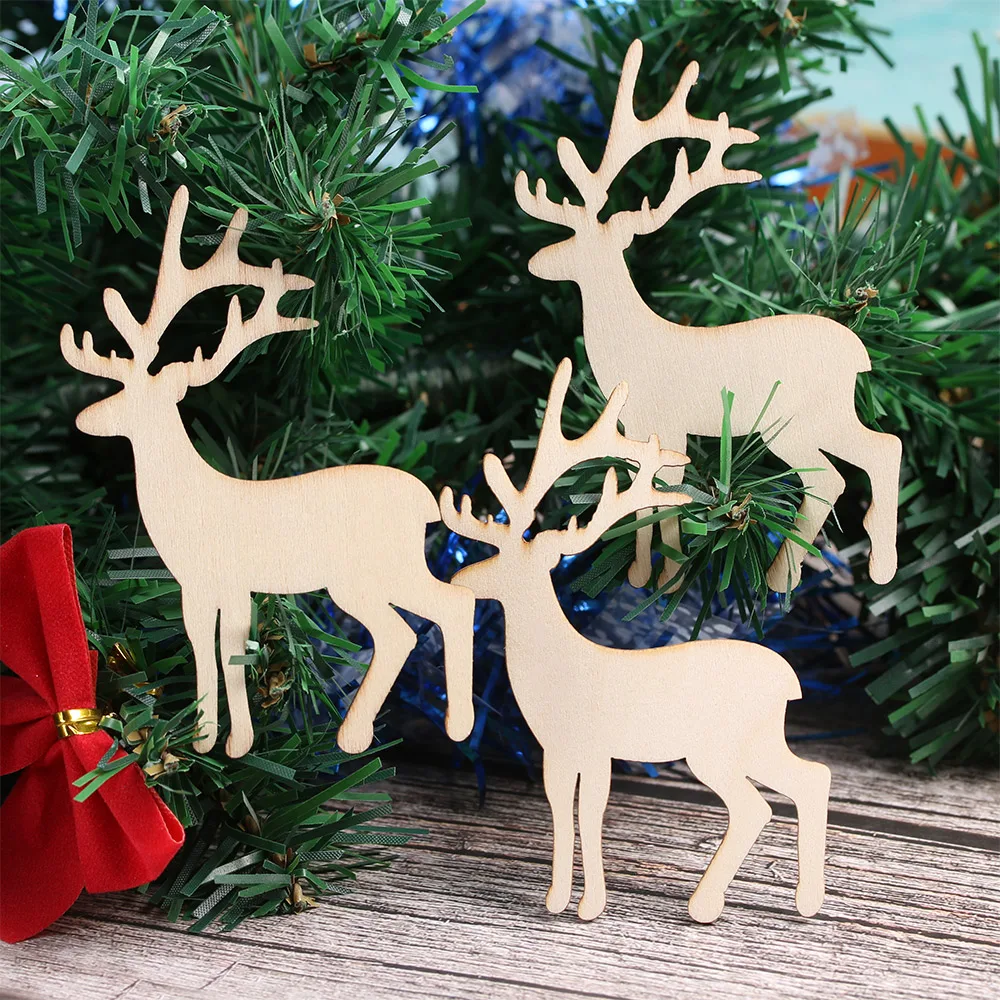5PCS Wooden Christmas Reindeer Cutout Veneers Slices For Patchwork DIY Decoration Craft Embellishment Christmas Tree Pendants