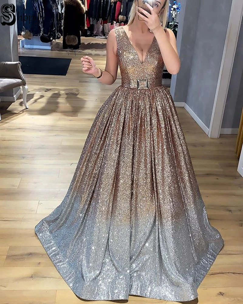 Элегантное пышное блестящее Золотое и Серебряное длинное вечернее платье с v-образным вырезом роскошное женское вечернее платье с пайетками в Дубае