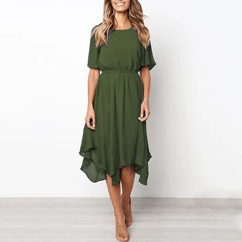 

Pop Women Solid Dress Round Neck Short Sleeves Irregular Hem Loose Dress For Summer Pop 88