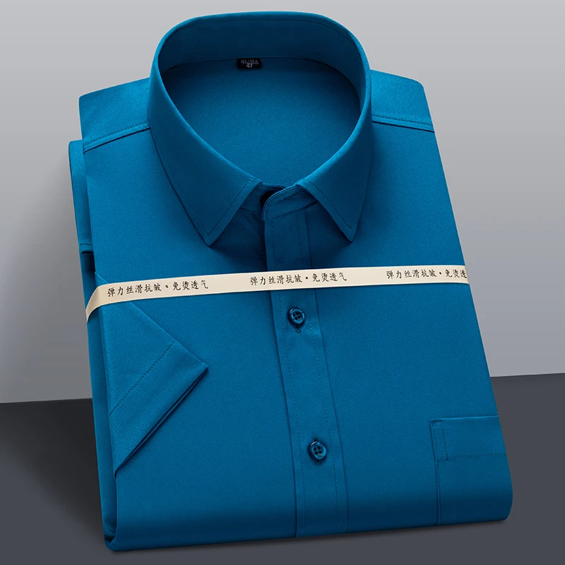 Men Summer Short Sleeve Shirt Stretch Striped Dress Shirts Slim Fit Formal Business Wrinkle Resistant Thin Cool Casual Shirts 5