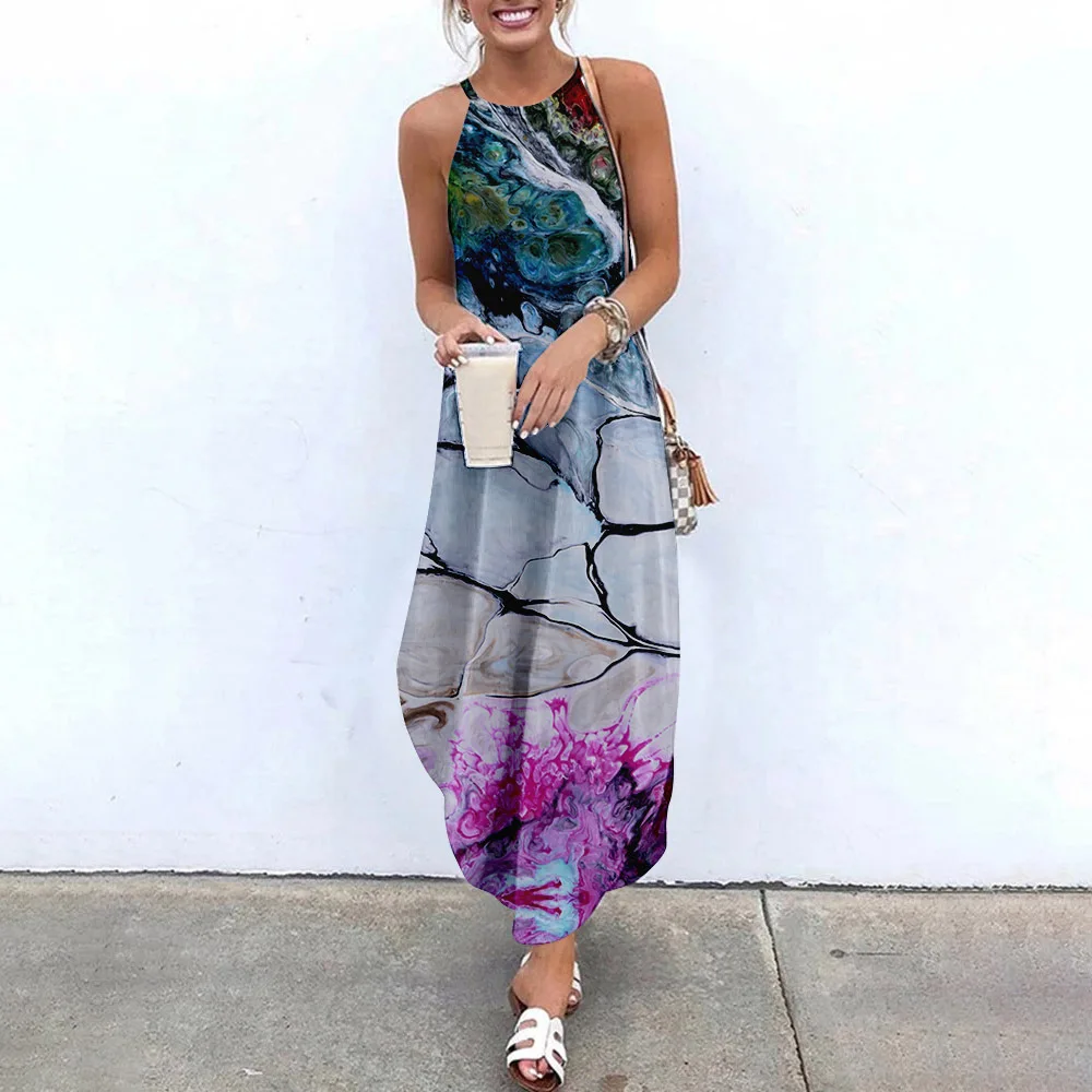 

Женский сарафан с лямкой на шее, Летнее Длинное асимметричное платье без рукавов, с принтом