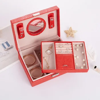 

PU Leather Jewelry Storage Case Organizer Box with Lock and Mirror for Earrings Bracelets Rings New