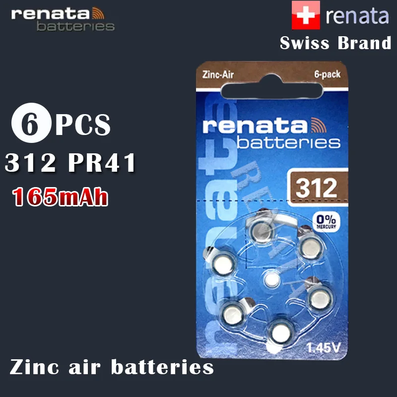6 шт Renata 312 1 45 v 165mAh цинковые воздушные батареи PR41 A312 для слухового аппарата кнопки
