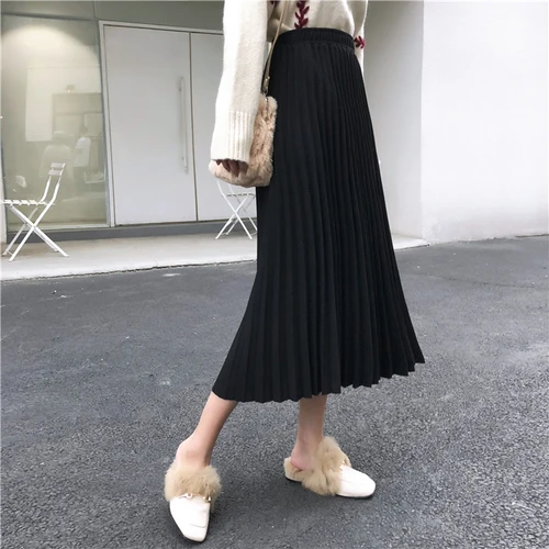 Новая женская одежда faldas mujer moda эластичная плиссированная юбка с высокой талией весенне-осенние модные брендовые корейские трикотажные юбки - Цвет: Черный