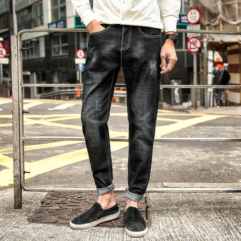 

Fashion Casual Men Jeans Loose Solid Denim Jeans Scratched Ankle Length Jeans Homme Big Size