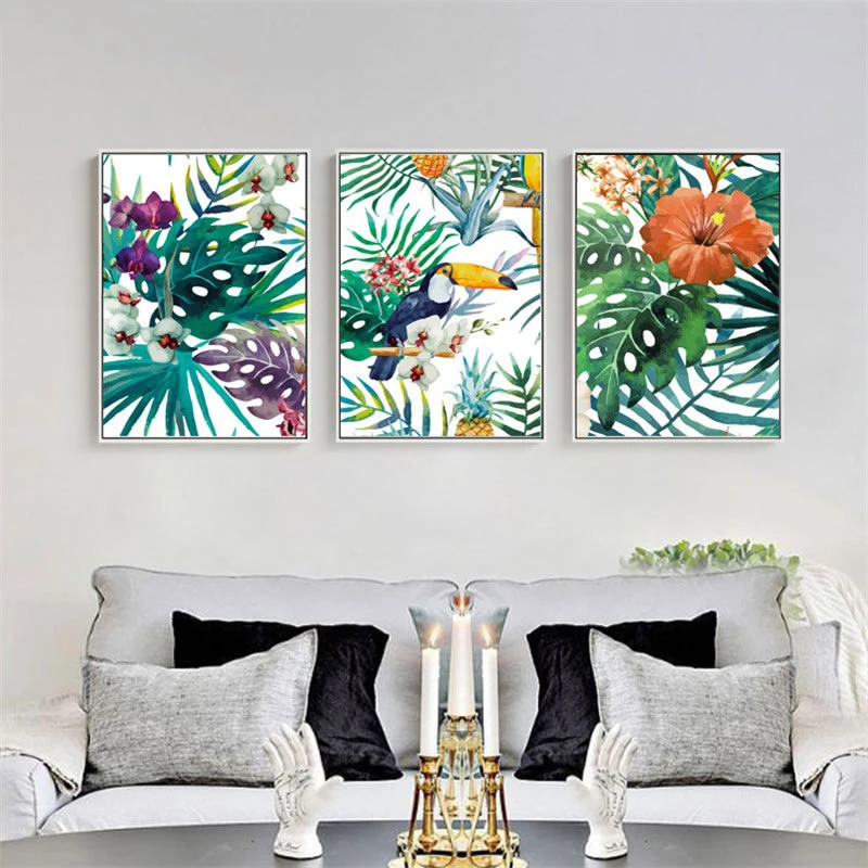 Watercolor Canvas Wall Art Rainforest Plants Bird Painting Tropical Leaves Wall Pictures Home Decoration No Frame|Painting & Calligraphy| - Aliexpress