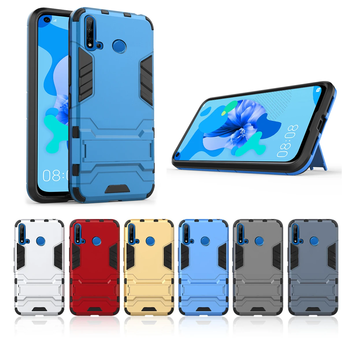 Blue Для huawei P20 Lite Nova 5i Nova 5 Pro задний Чехол с двойным слоем ТПУ+ PC Гибридный чехол противоударный защитный чехол с подставкой - Цвет: Blue