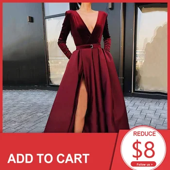 

Dressv Party Dress Long Sleeve Maxi V-Neck Floor-Length Burgundy A-Line Split Dresses Woman Party Night Elegant Long Gown Dress