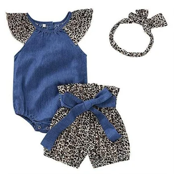 

Baby Romper Set Summer Baby Girl Casual Flare Sleeve Denim Leopard Romper Tops Shorts Headband Outfits Set
