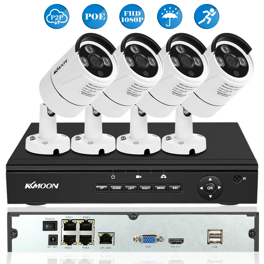 

KKmoon 4CH Channel Full 1080P POE NVR Network Video Recorder + 4pcs 2.0MP Megapixels POE Weatherproof Outdoor Bullet IP Camera
