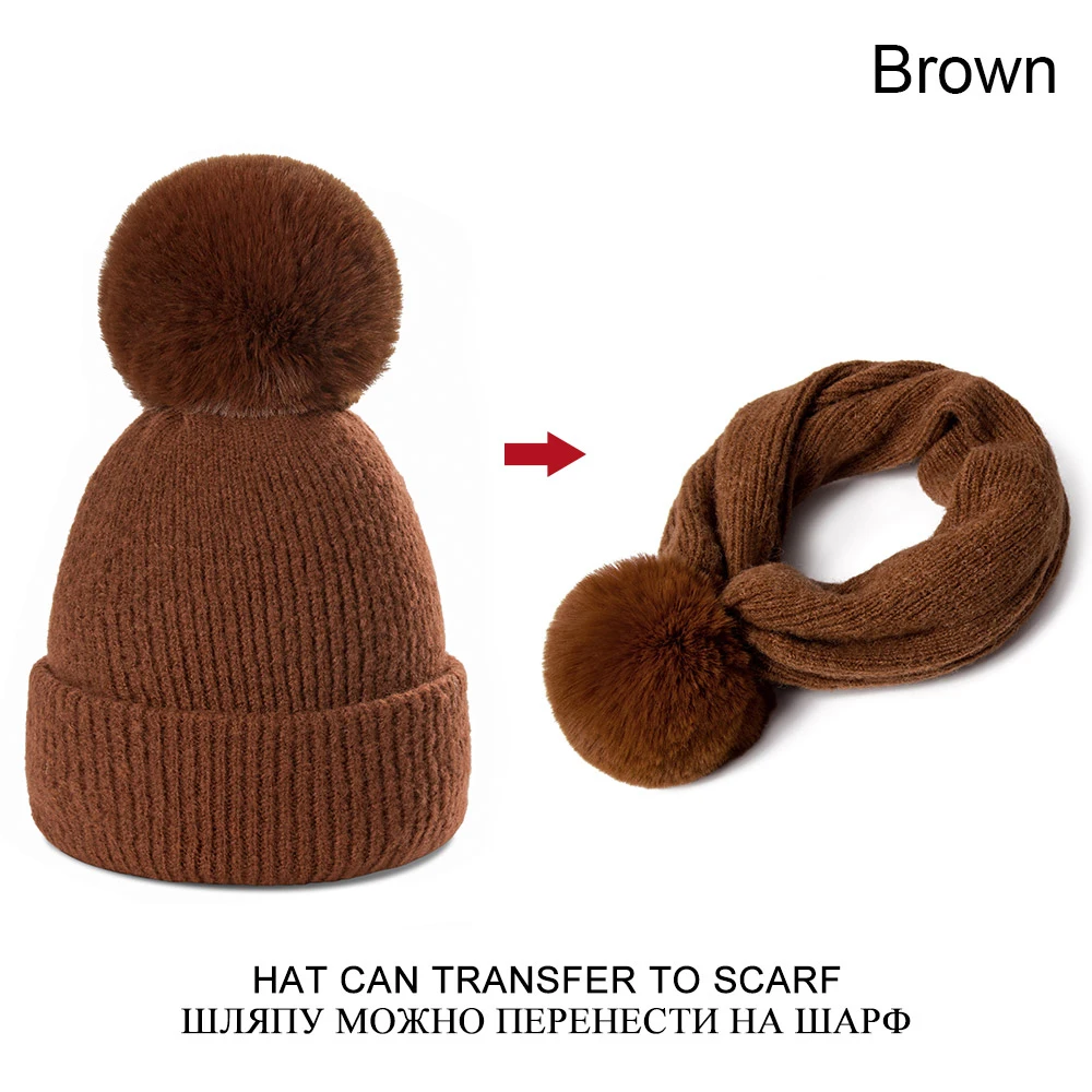 brown Брендовая зимняя вязаная женская шапка-бини, 1 шт. шарф двойного назначения, Толстая теплая шапка Skullies, женская вязаная шапка, шапка бини, шапка женская - Цвет: brown