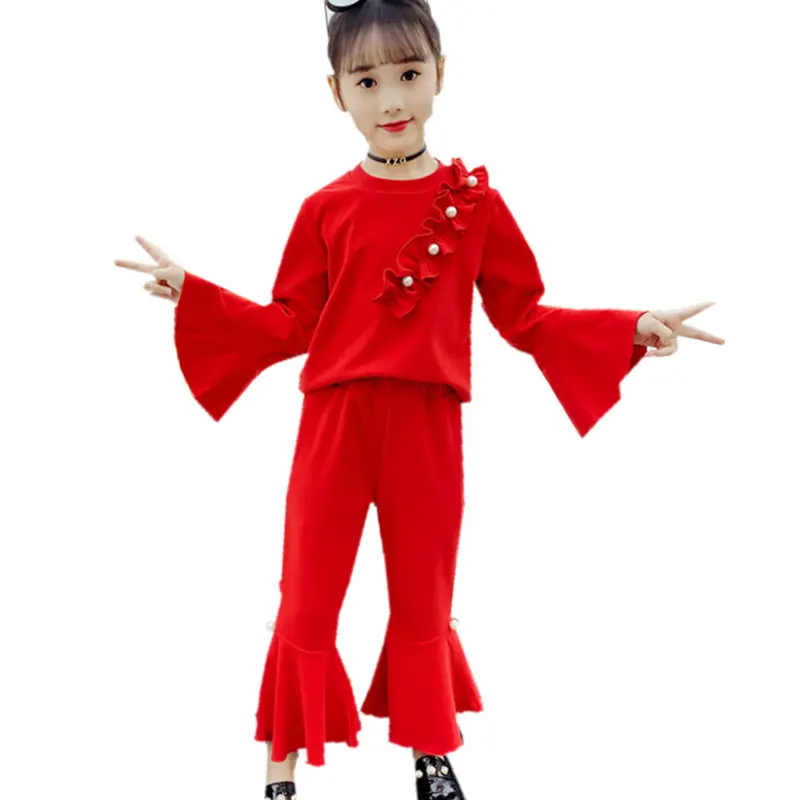 

Tracksuit Girls 2023 Ruffle Pearl Flare Sleeve + Flare Pants Girls Sport Suits Spring Fall Children Clothing Casual Kids Outfits