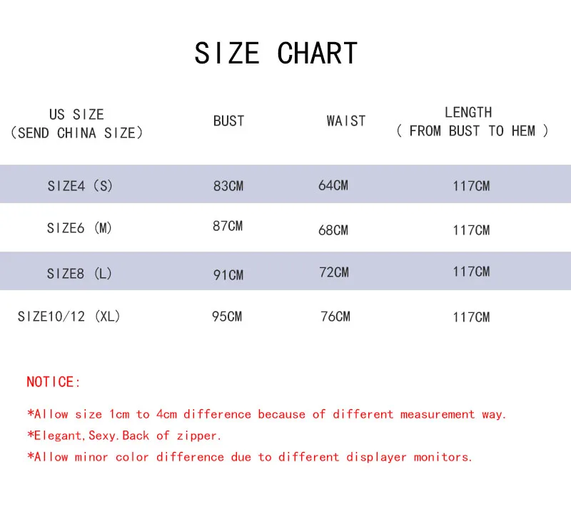 英文版尺码表 - 背后拉链中长款-L-005 midi