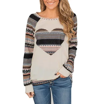 

Kureas Women T Shirt Casual Long Sleeve Tops Fashion Patchwork Heart Print Spring Autumn Knitted Slim Women Clothing