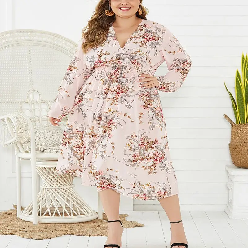 

Spring New Large Size Dress 5XL 6XL 7XL 8XL Bust 136CM Fashion Women's V-neck Long Sleeve Printed Patchwork Dress