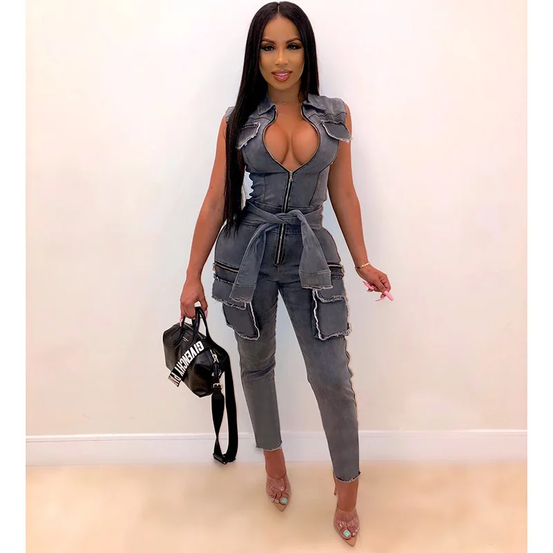 Echoine Fashion Sleeveless Jumpsuit Front Tie With Zipper Turn Down Collar Long Rompers Womens Jumpsuit Overall Echoine Fashion Sleeveless Jumpsuit Front Tie With Zipper Turn Down Collar Long Rompers Womens Jumpsuit Overall