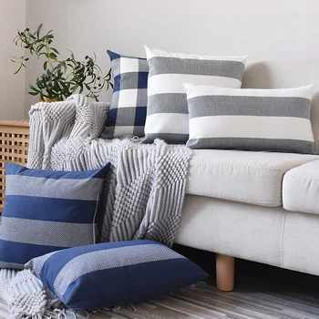 

30x50/45x45cm blue grey white checked cushion cover striped pillowcase backrest sofa lattice pattern lumbar pillow cover