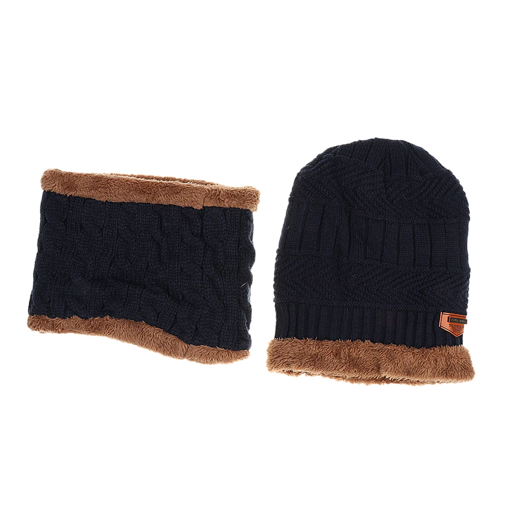 2PCS Men's Women's 2 Sided Beanie Winter Warm Knit Ski Knitted Scarf Hat Windproof Couple Hat Slouchy Hats with Pom Scarves