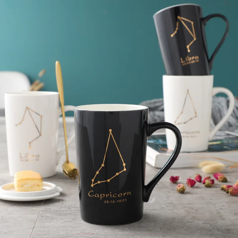 

Porcelain Cup 12 Constellation Creative Cup With Spoon Cover, Black Gold Porcelain Zodiac Breakfast Milk Coffee Cup Tea Cup